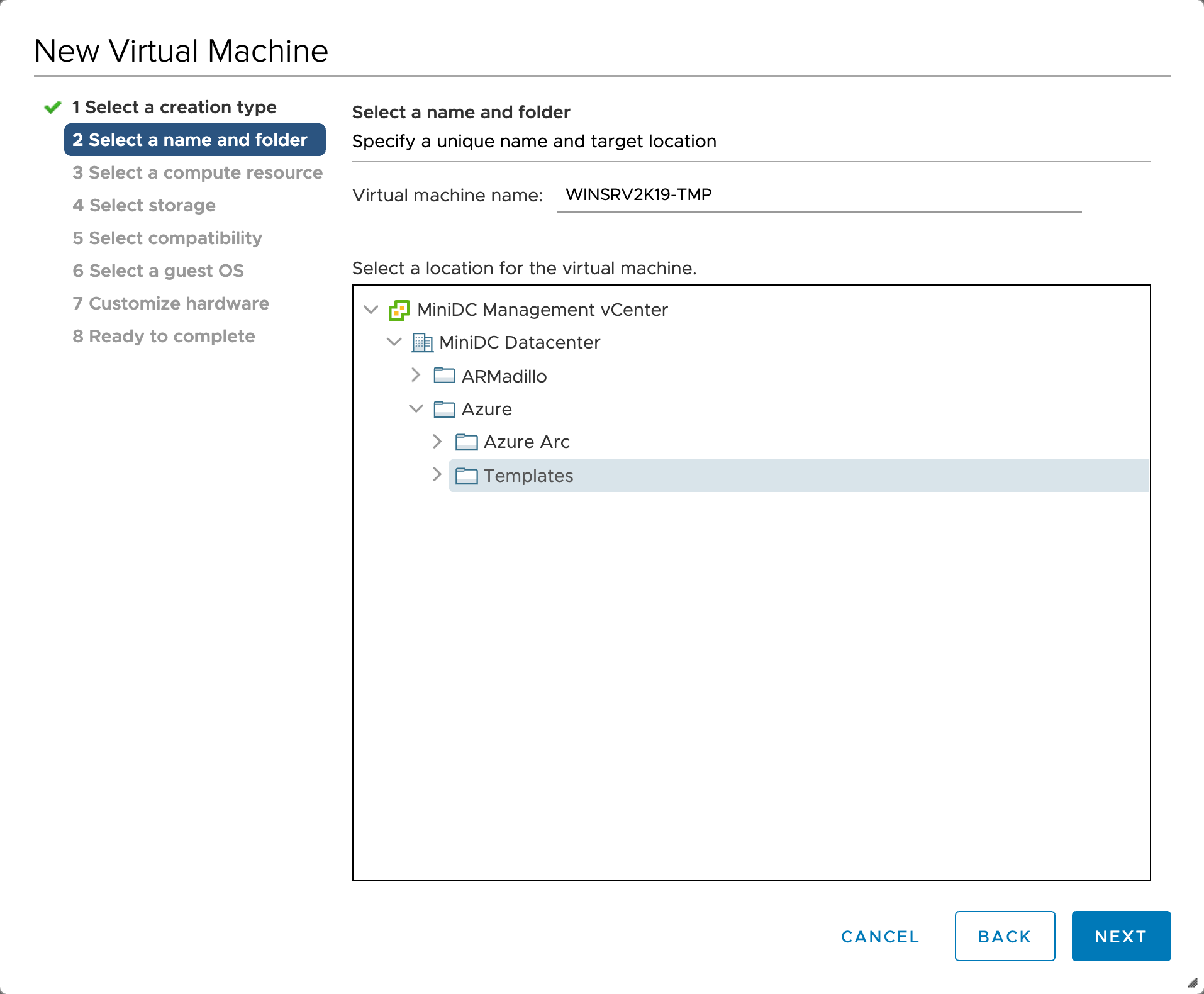 Screenshot of the "Select a name and folder" section of the New Virtual Machine creation pane.