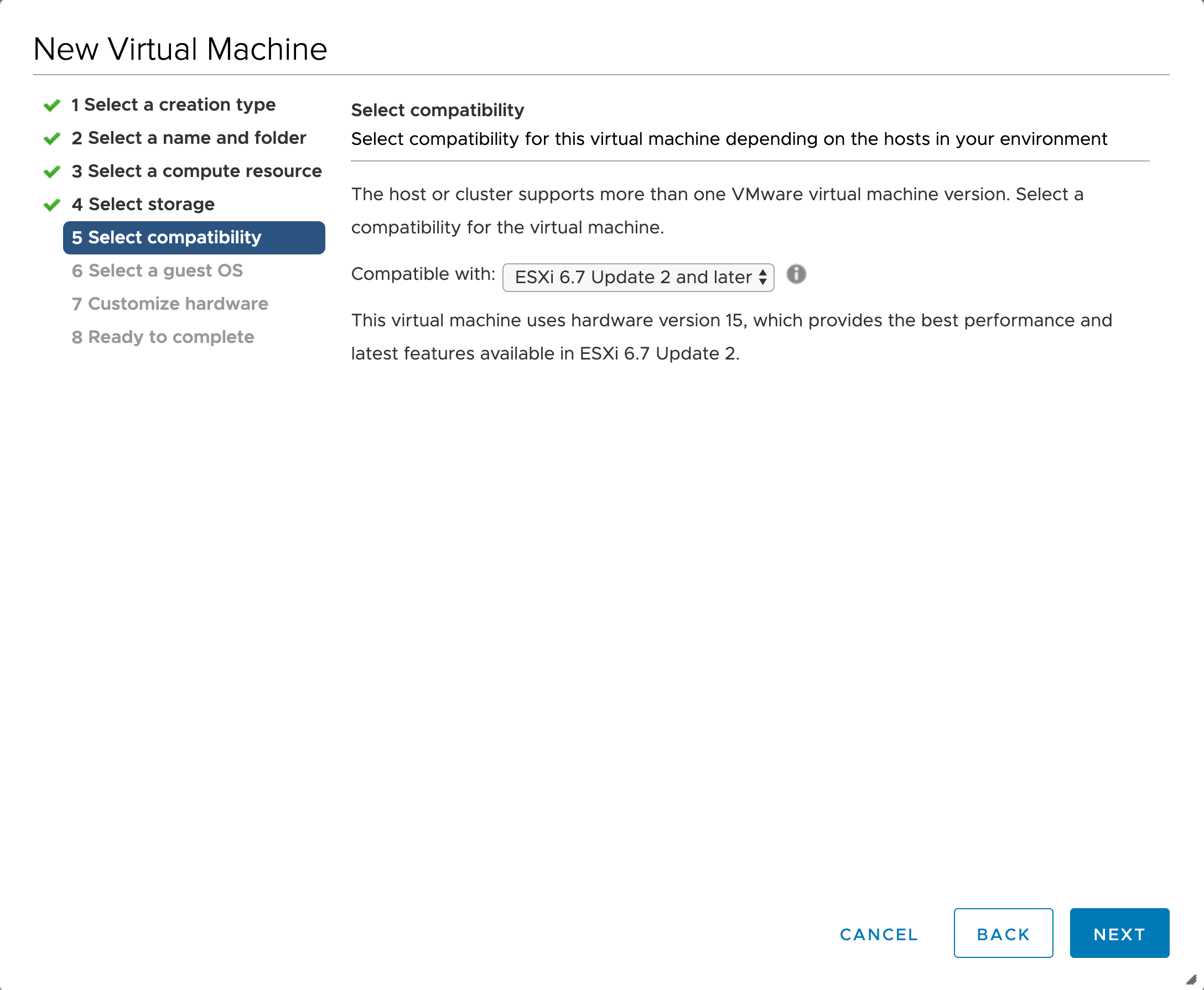Screenshot of the "Select compatibility" section of the New Virtual Machine creation pane.