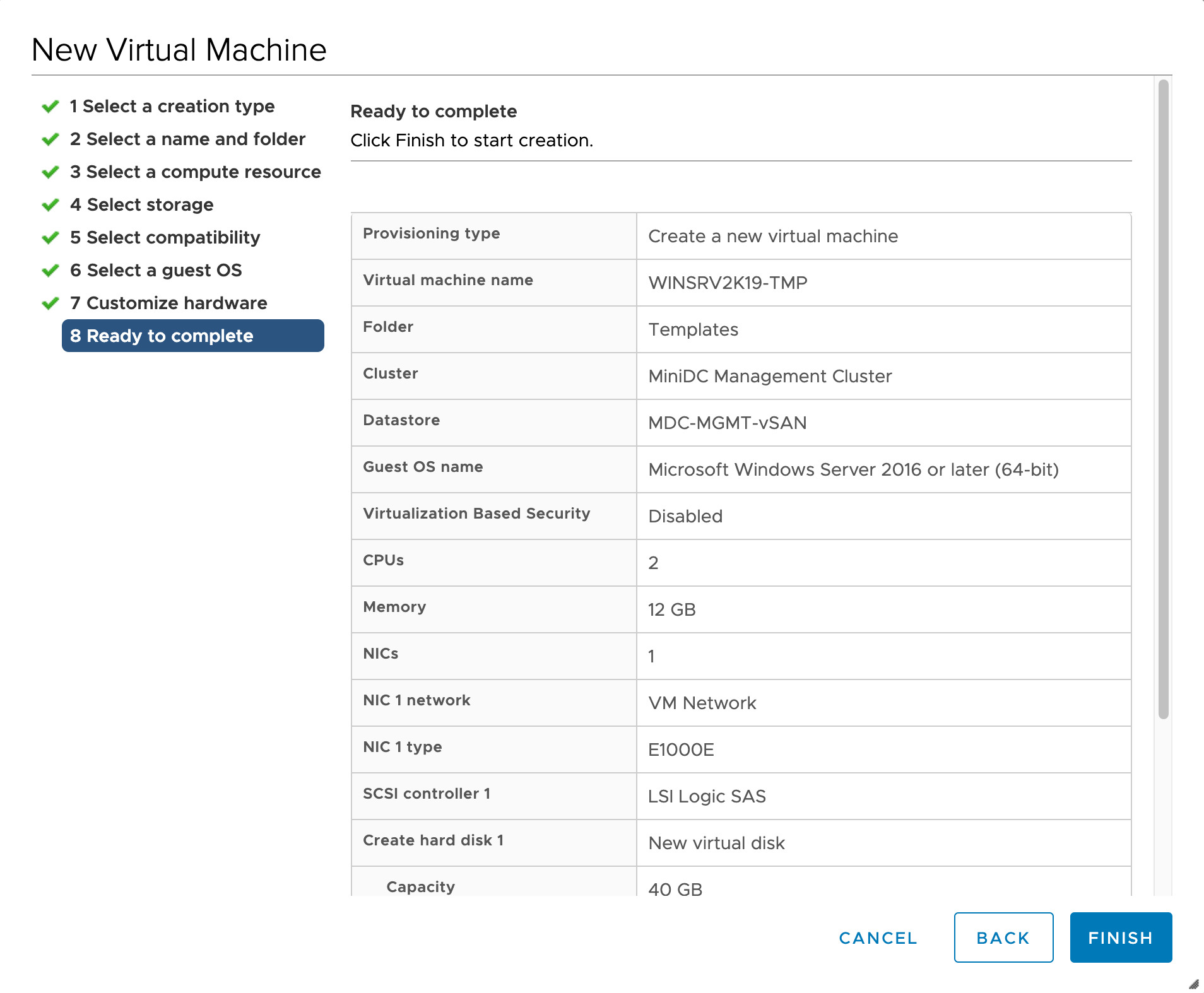 Screenshot of the "Ready to complete" section of the New Virtual Machine creation pane.