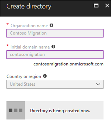 Screenshot of selections for creating an Azure AD directory.