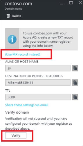 Screenshot that shows selections for Azure Active Directory D N S.