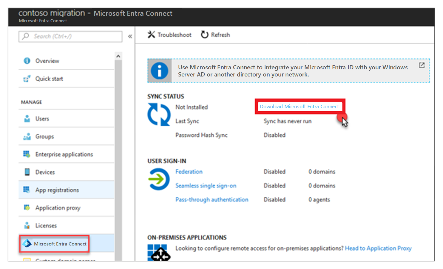 Screenshot that shows a link to download Azure A D Connect.
