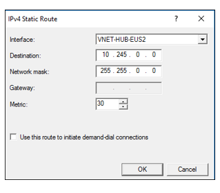 Screenshot that shows selections for the static route.