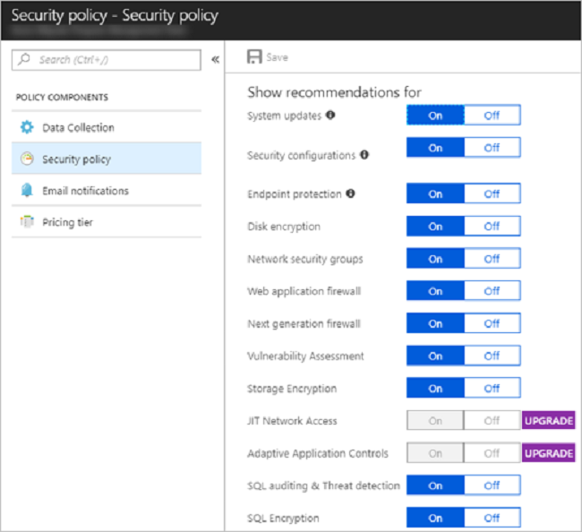 Screenshot that shows selections for a security policy.