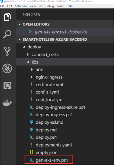 Screenshot showing the AKS script in Visual Studio Code.
