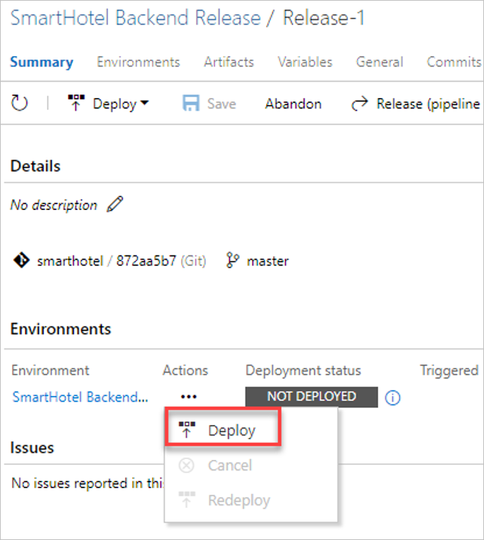 Screenshot highlighting the Deploy button for deploying a release.