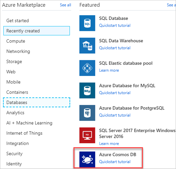 Screenshot showing the creation of an Azure Cosmos DB database in Azure Marketplace.
