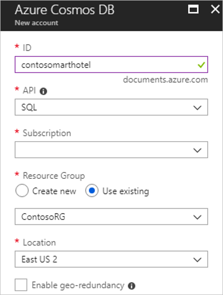 Screenshot of the Azure Cosmos DB database name and other settings.