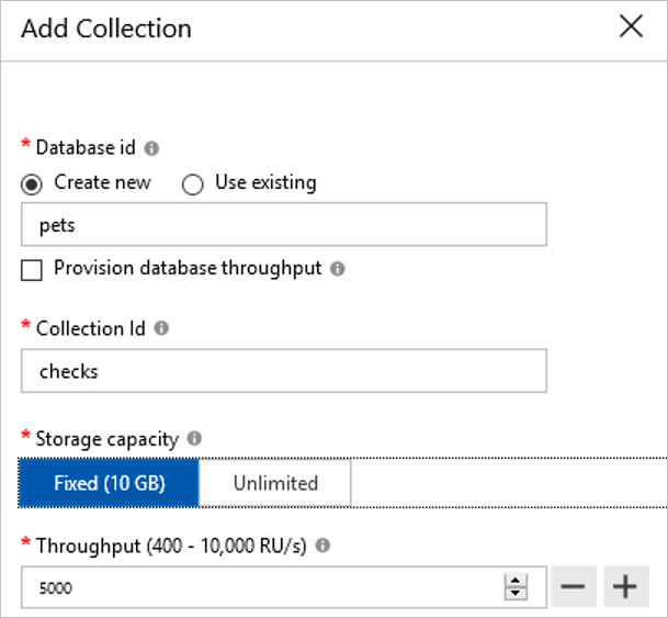 Screenshot of the Add Collection pane for Azure Cosmos DB.