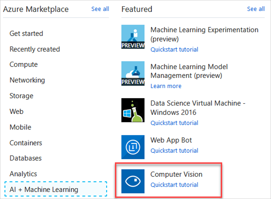 Screenshot of creating a new Computer Vision instance in Azure Marketplace.