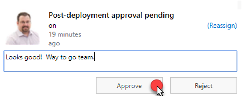 Screenshot of post-deployment approval and comment.