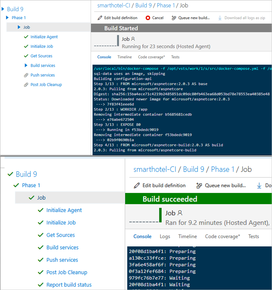 Screenshot of checking build progress in Azure DevOps.