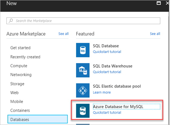 Screenshot of the Azure Database for MySQL link in the Azure portal.