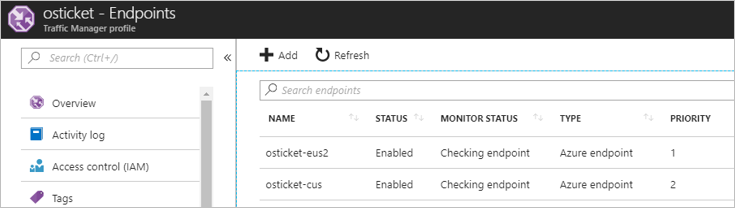Screenshot of the Endpoints pane for monitoring endpoints in Traffic Manager.