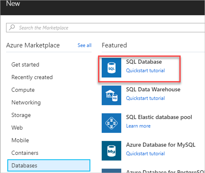 Screenshot showing the SQL Database link.