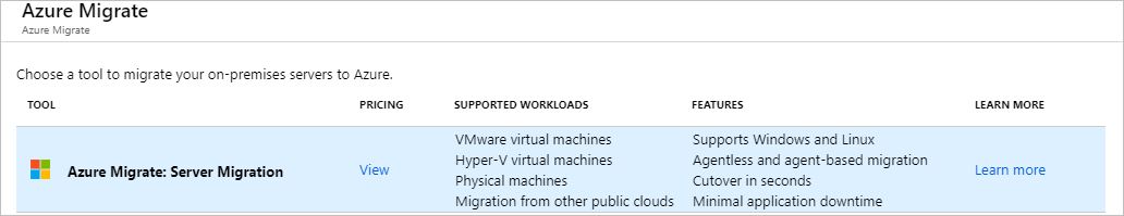 Screenshot that shows the Azure Migrate: Server Migration tool