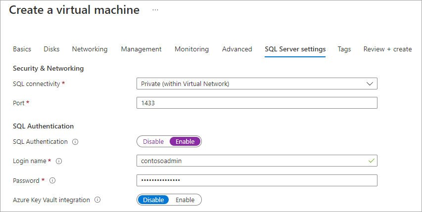 Screenshot that shows SQL Server settings.