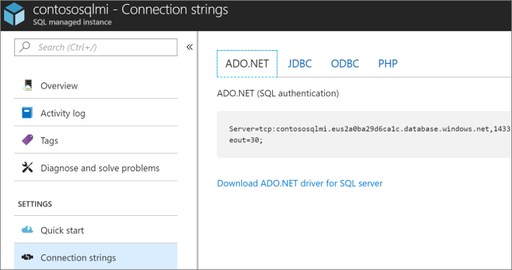 Screenshot that shows the Connection strings option.