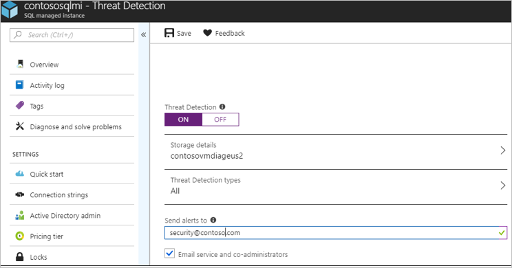 Screenshot that shows the Threat detection screen for SQL Managed Instance.