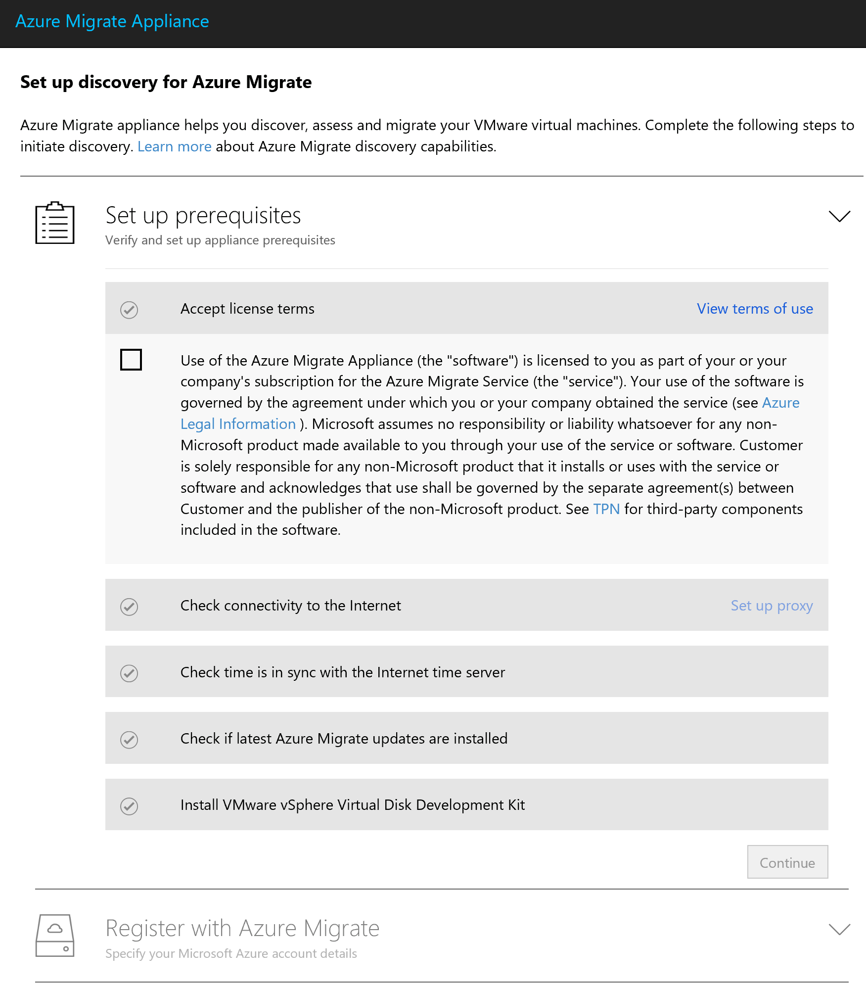 Screenshot that shows the area for setting up prerequisite license terms.
