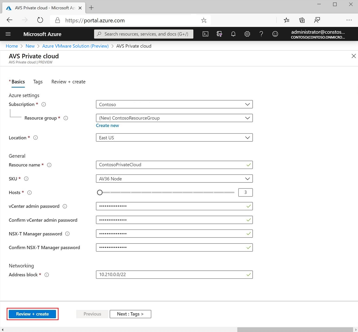 Screenshot of the Azure portal pane for creating an Azure VMware Solution private cloud.