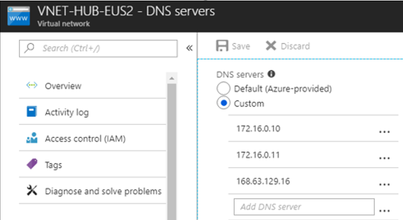 Screenshot that shows DNS servers for a virtual network.