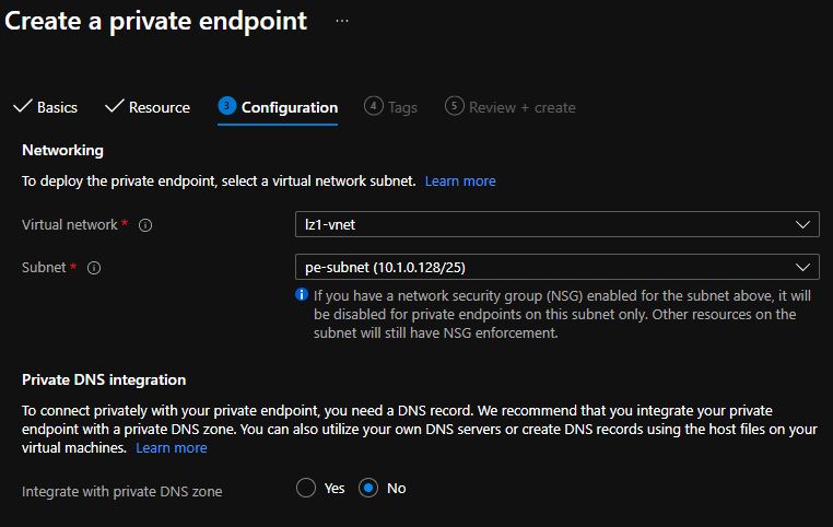 A screenshot that shows the Configuration tab for setting the integrate with private DNS zone option to no.