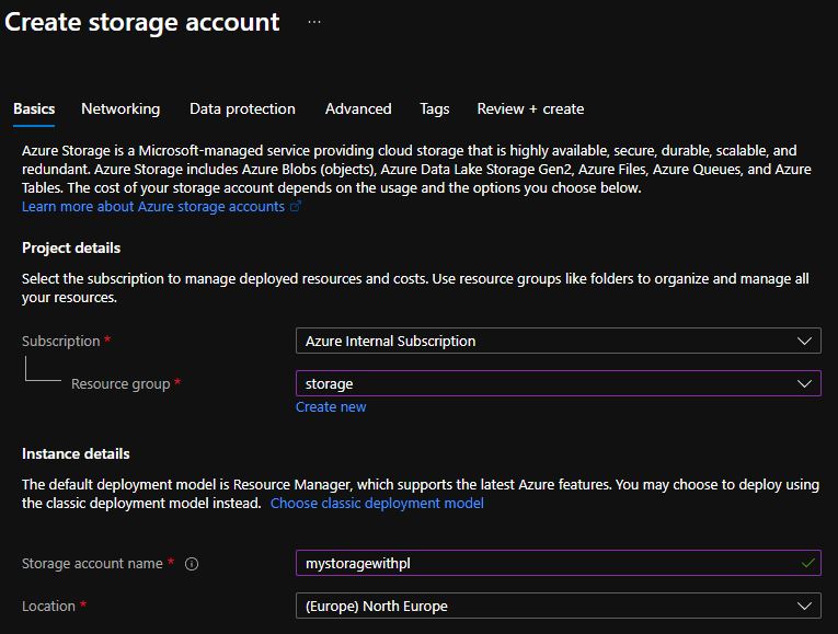 A screenshot that shows the Basics tab and options for creating your storage account in the Azure portal.