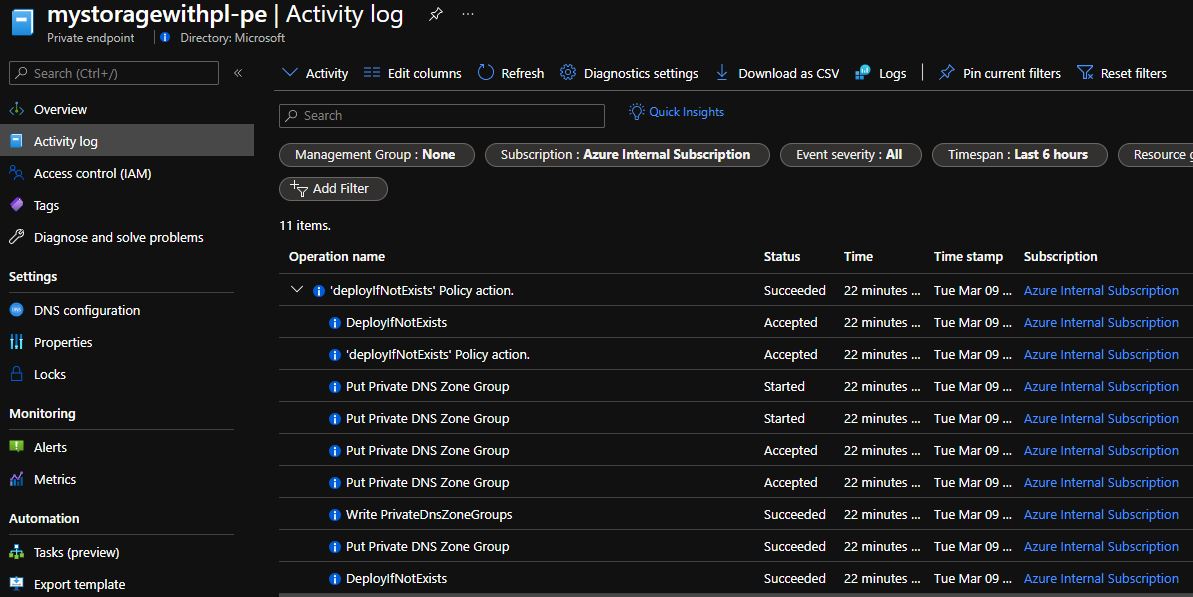 A screenshot that shows the activity log for the resource group and the private endpoint.