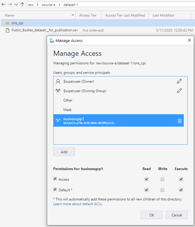 Screen capture shows the manage access dialog box with businessgrp 1 highlighted and access and default selected.
