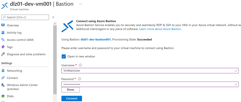 Screenshot of the 'Connect using Azure Bastion' pane for connecting to your VM by signing in with your credentials.