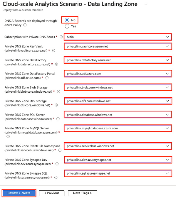 Screenshot that shows data landing zone connectivity settings for Azure Private DNS zones.