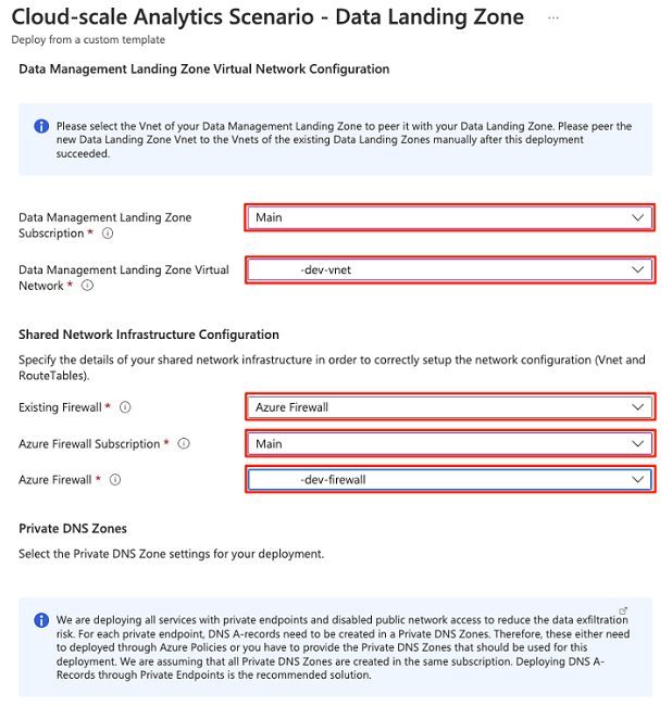 Screenshot that shows data landing zone connectivity settings for virtual networks.