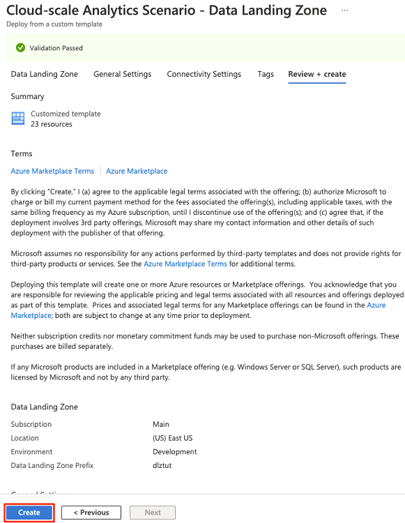 Screenshot shows the data landing zone parameter validation and the Create pane.