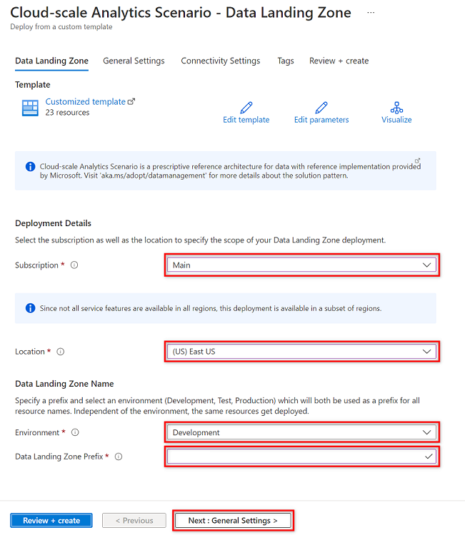 Screenshot that shows information to provide on the Data landing zone tab.