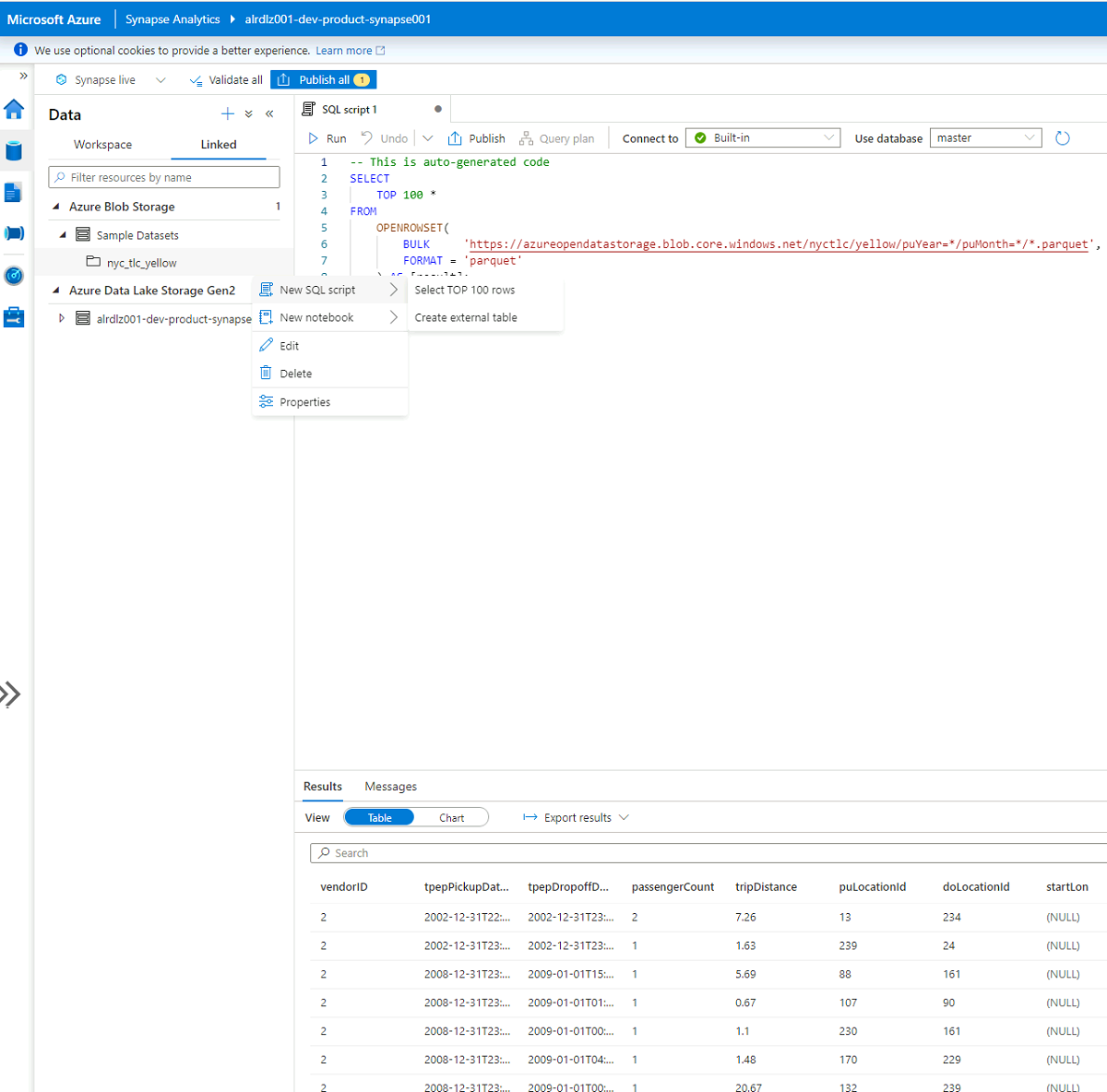 Screenshot of the Synapse Analytics pane for connect to a new SQL script.