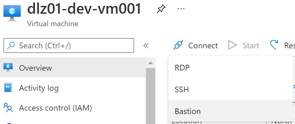 Screenshot of the Overview pane for connecting to a VM by using Azure Bastion.