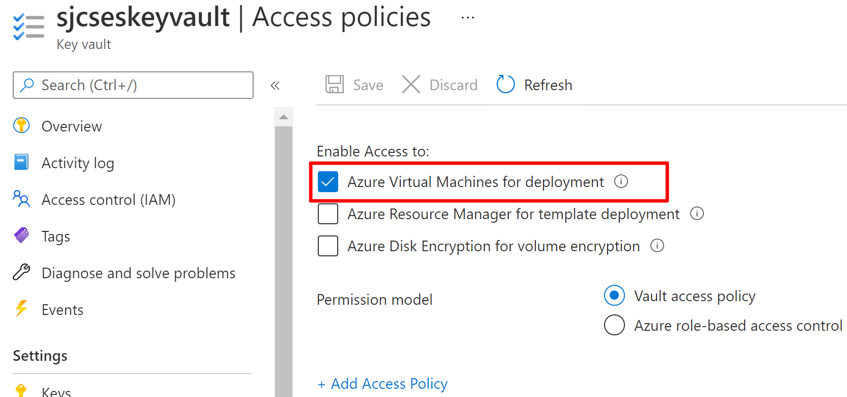 Image shows access policies window in the Azure portal.