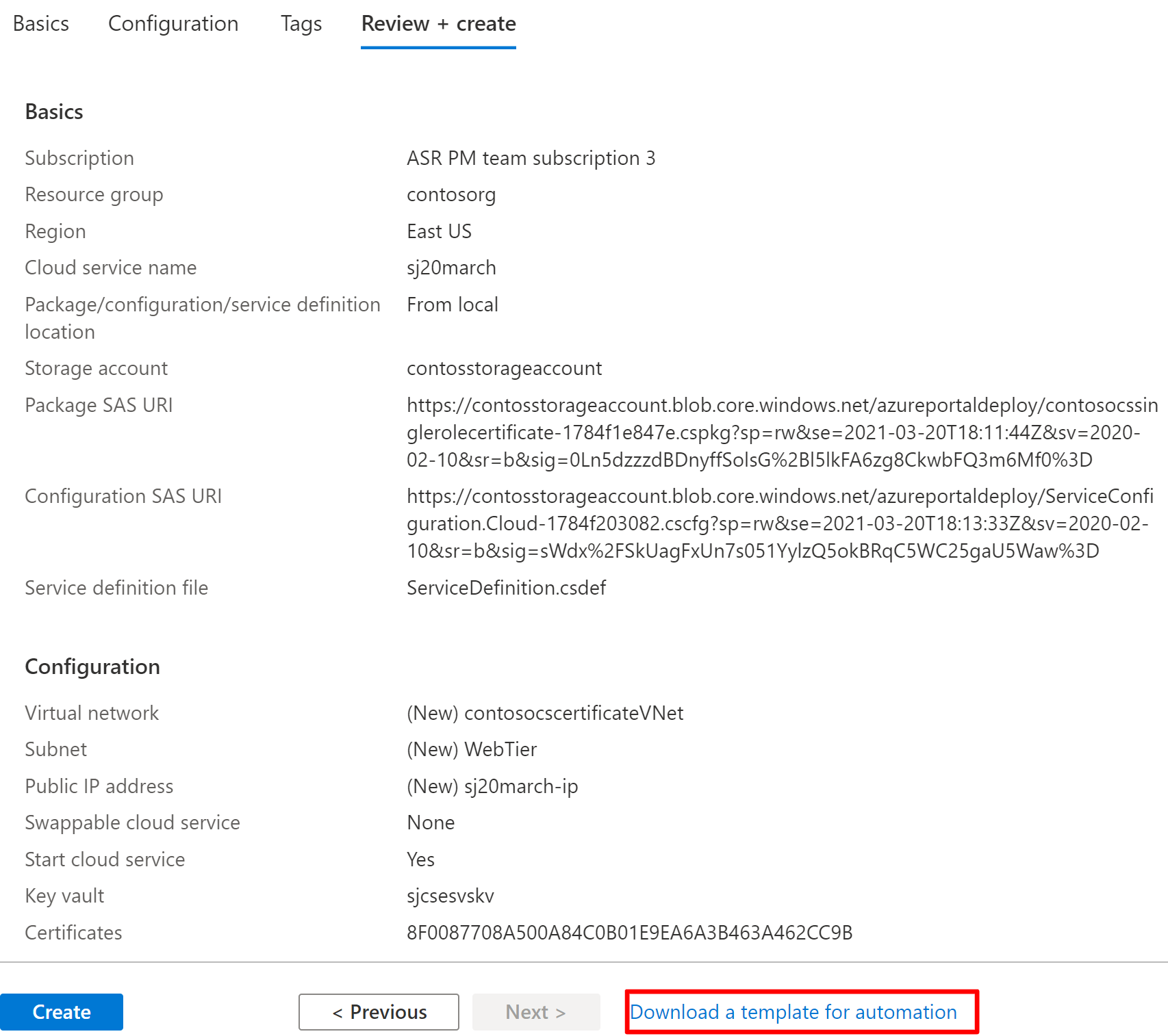 Image shows downloading the template under cloud service (extended support) on the Azure portal.