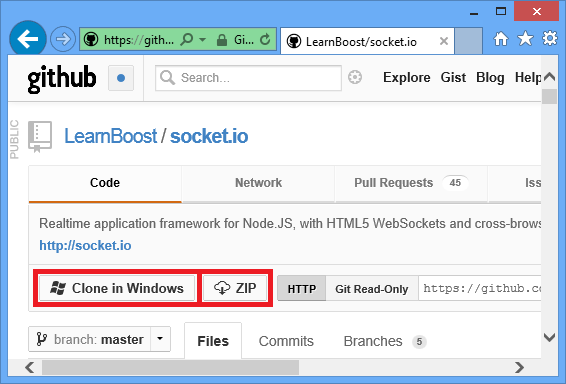 A browser window viewing https://github.com/LearnBoost/socket.io/tree/master/examples/chat, with the ZIP download icon highlighted