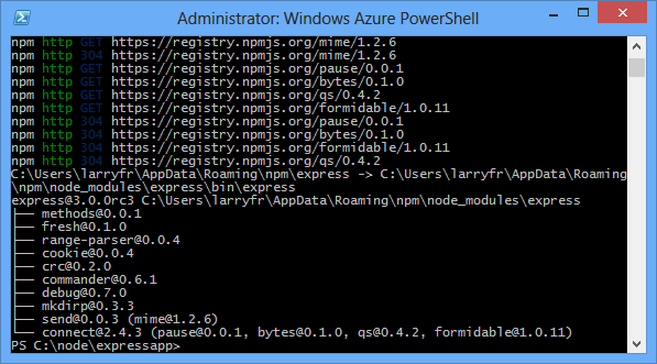 Windows PowerShell displaying the output of the npm install express command.