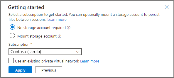 Screenshot showing the select subscription and optional storage prompt.