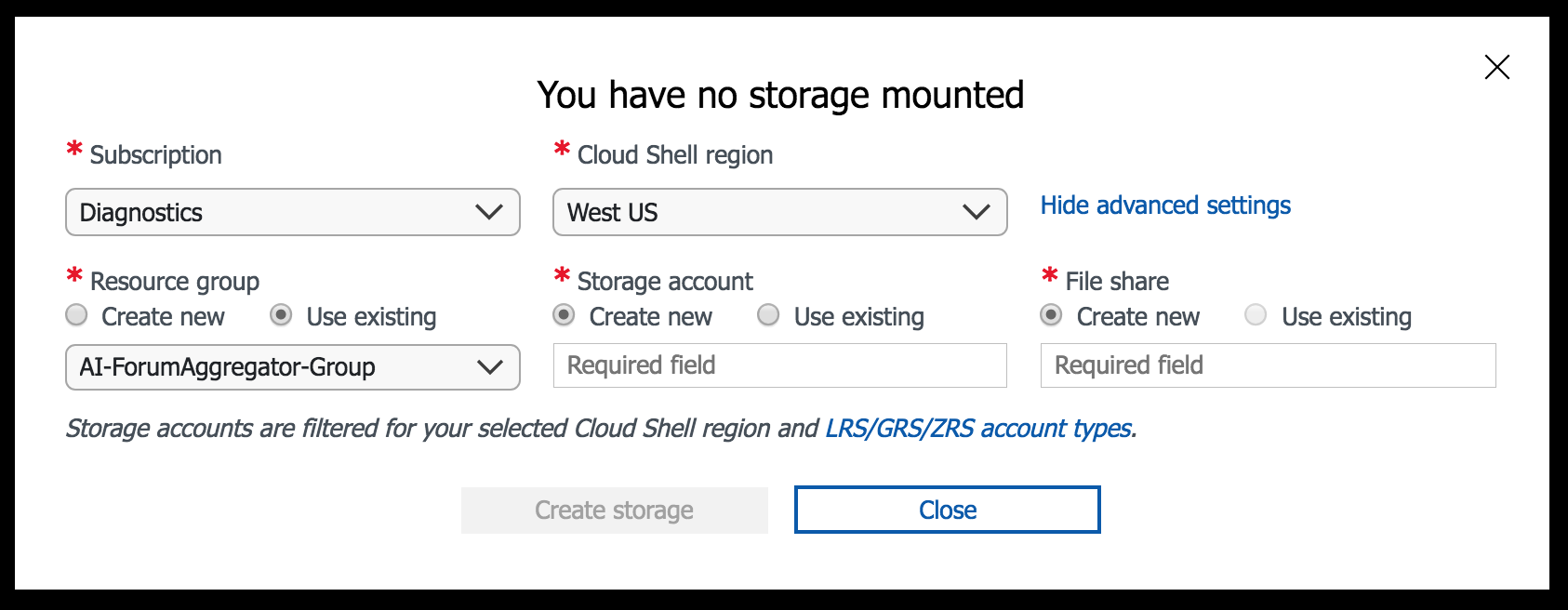 Screenshot of configuring your storage account
