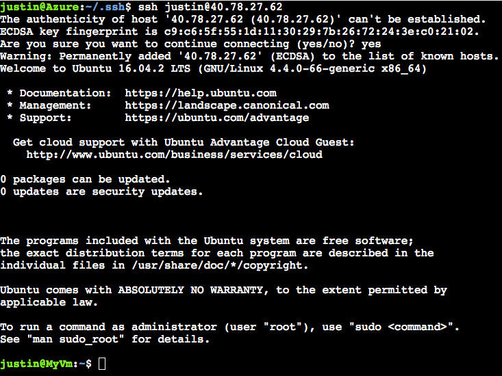 Screenshot showing the Ubuntu initialization and welcome prompt after you establish an SSH connection.