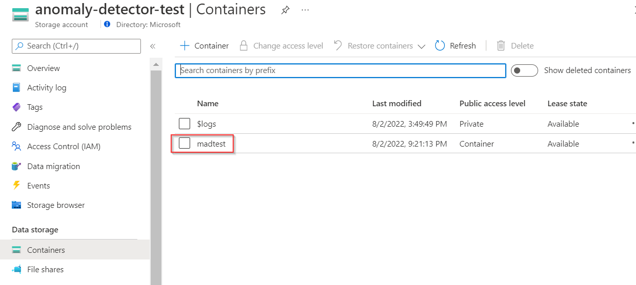 A screenshot of the creating a container in a storage account.