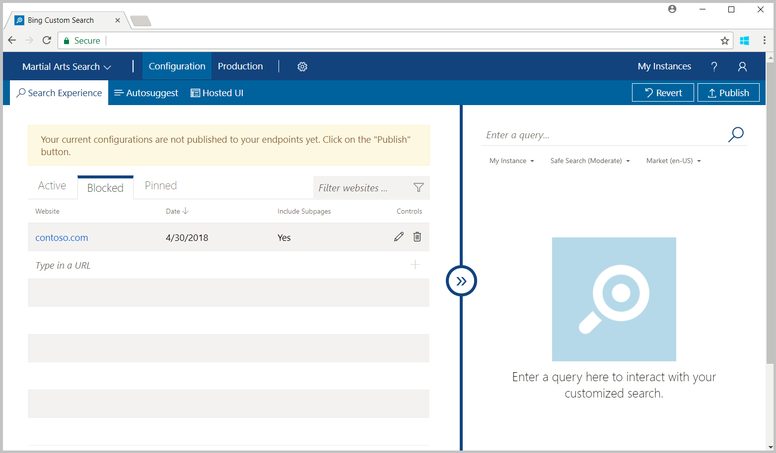 A picture of the Bing Custom Search portal