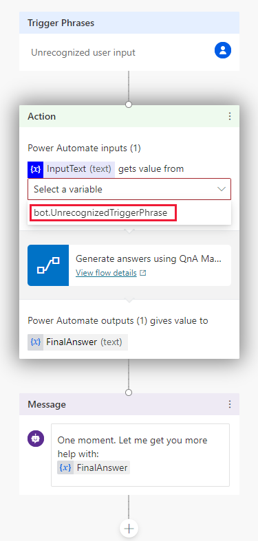 Partial Screenshot of Power Virtual Agent topic conversation canvas selecting input variable.