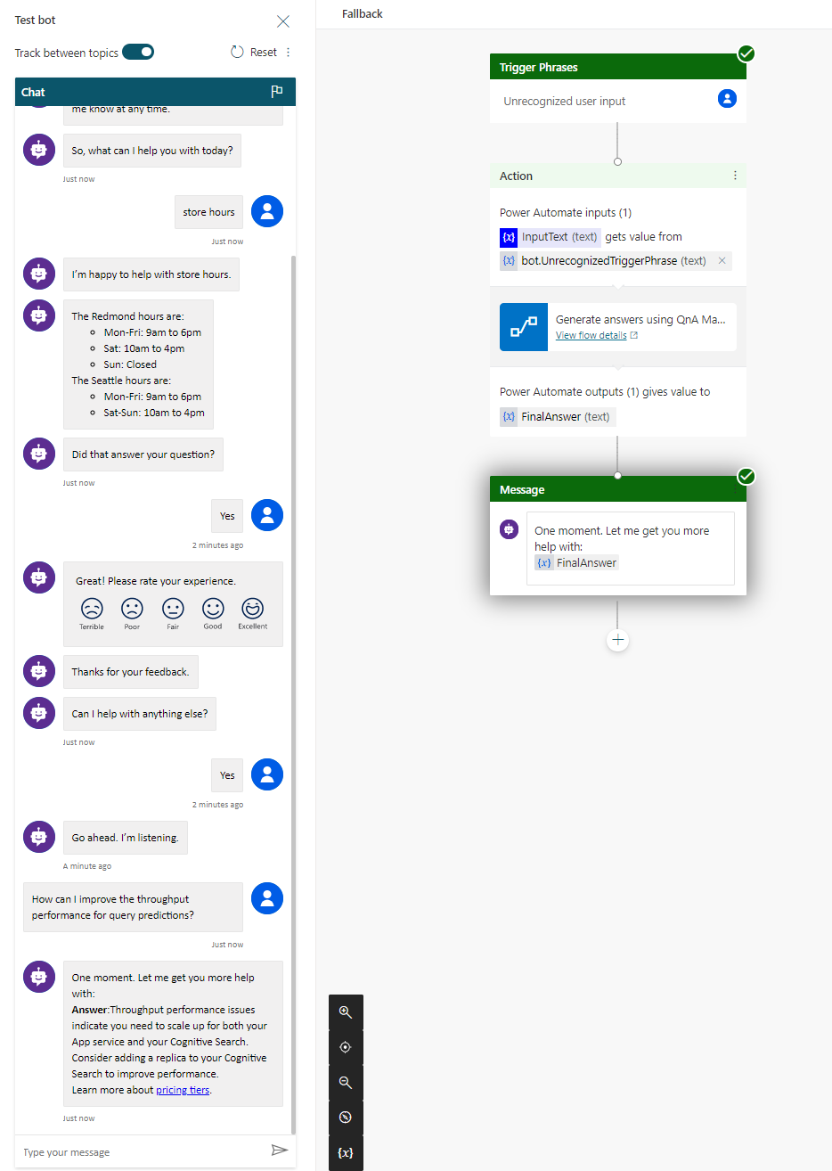 Screenshot of chat bot with canvas indicating green checkmarks for successful actions.