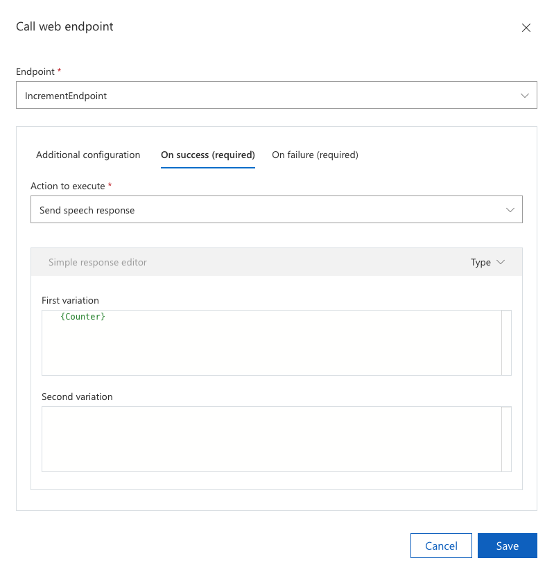 Screenshot that shows setting an increment counter for calling a web endpoint.