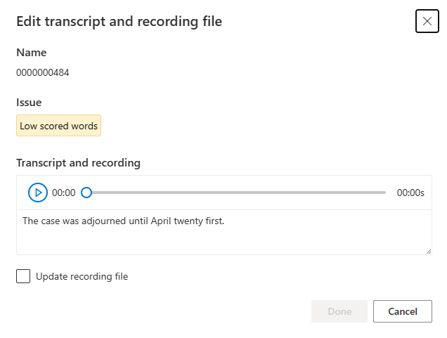 Screenshot of displaying Edit transcript and recording file window.